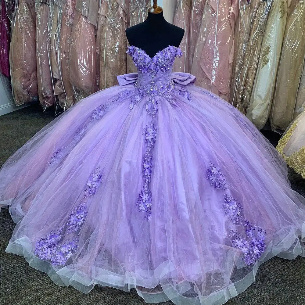 ANGELSBRIDEP Lavender ​Quinceañera Dresses With Bow 3D Flowers Appliques Vestidos De 15 Años Formal Birthday Party Ball Gown