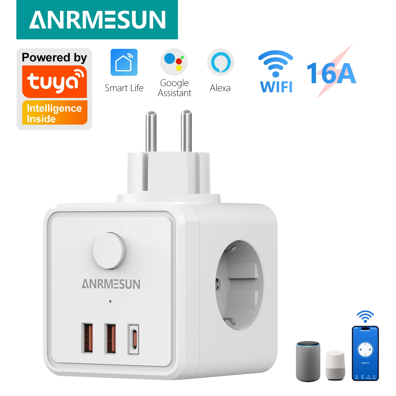 3 EU Plug 2 USB-A 1 Type-C Smart Home Charger Wifi Voice Control Alexa Google Home Compatible 2400W EU AC Plug Power Strip Wall — product photo 1 of 1