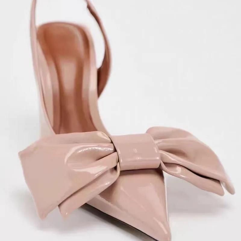 Pink Big Bow Slingbacks Heels For Women Chic Metallic Pointed Toes Party Sandals Woman's Luxury Back Strappy Pumps Shoes