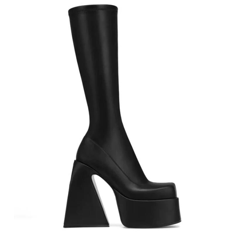 Black White Stretch High Heels Platform Knee High Boots For Women Punk Style Autumn Winter Chunky High Boots Gothic Shoes Ladies