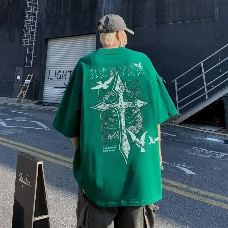 M-8XL Tshirt Summer Men Oversize Loose American Retro Cross Print Short Sleeve Round Neck Versatile Trend Couple Outfit