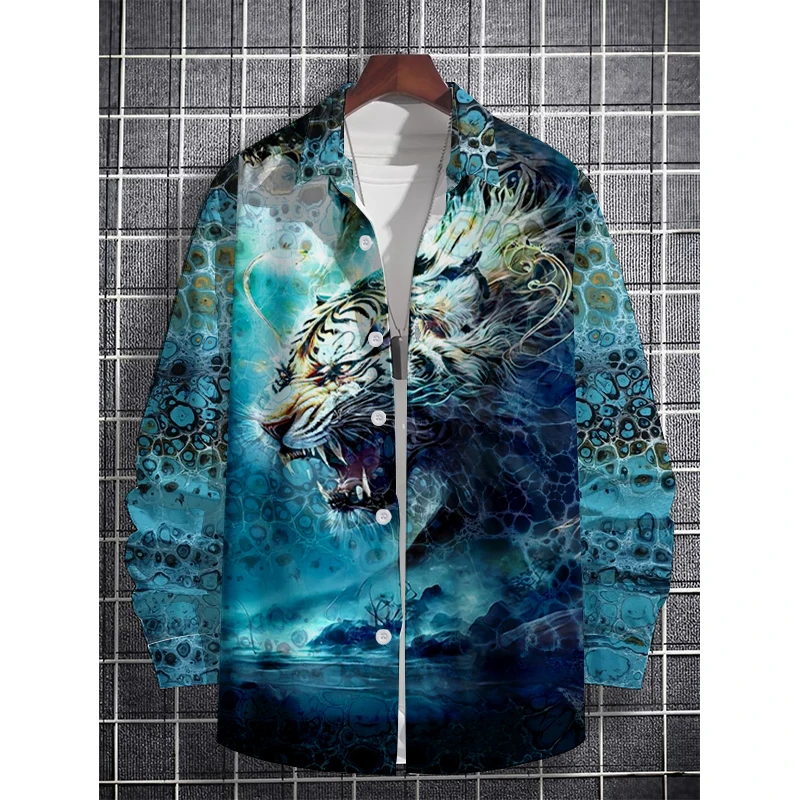 Lapel Men's Tiger Shirt Novelty HD Printing Long Sleeve Shirt Summer Fashion Casual Spring Sports Outdoor Light Comfortable