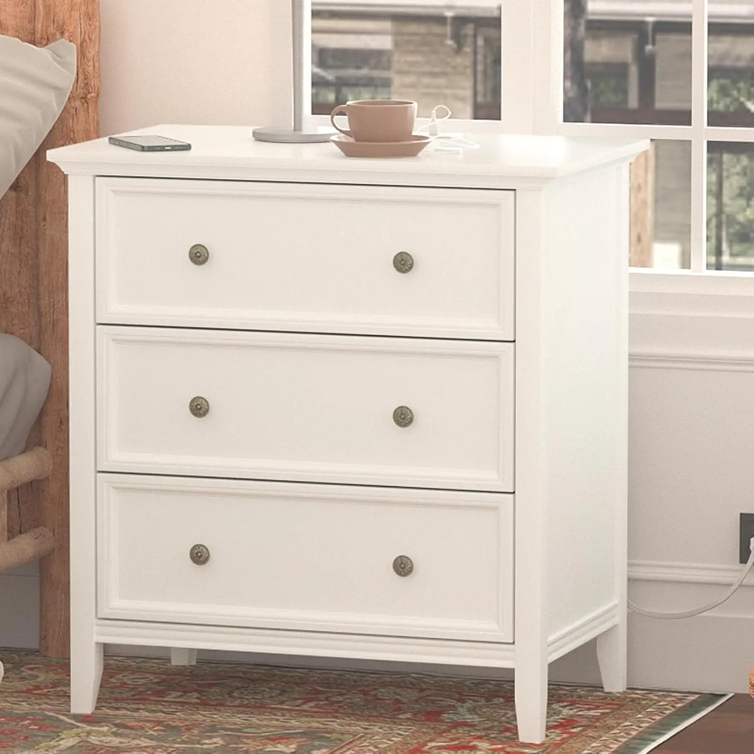 Nightstand with 3 Drawers and Charging Station, Solid Wood Dresser Organizer for Bedroom