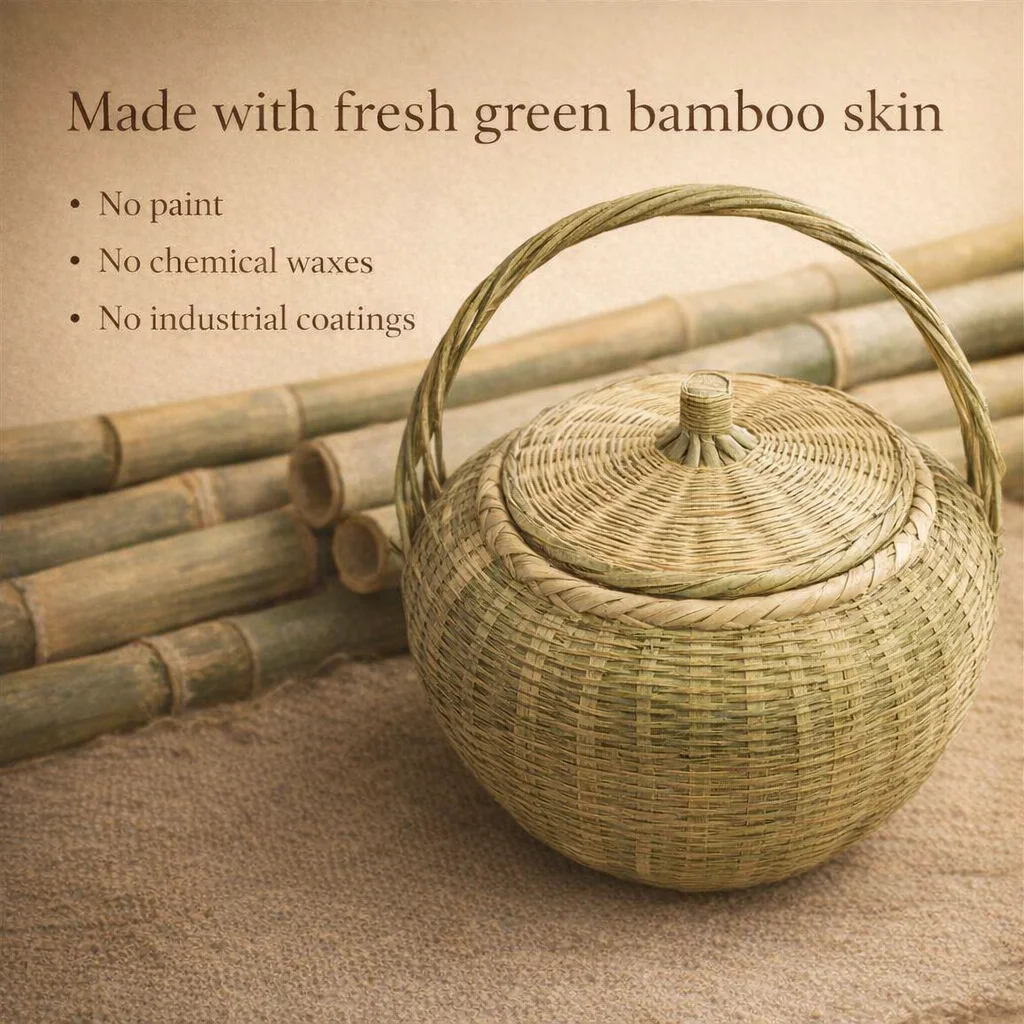 Natural Handwoven Green Bamboo Basket With/Without Lid Large Capacity Breathable Fruit Storage Picnic Picking Basket