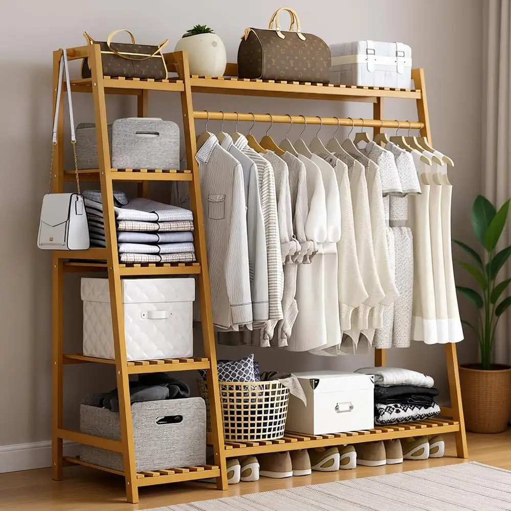 

7-Tier Bamboo Garment Rack with Storage Shelves, Portable Closet Organizer for Clothes, Shoes, and Accessories (Natural, 51.18)