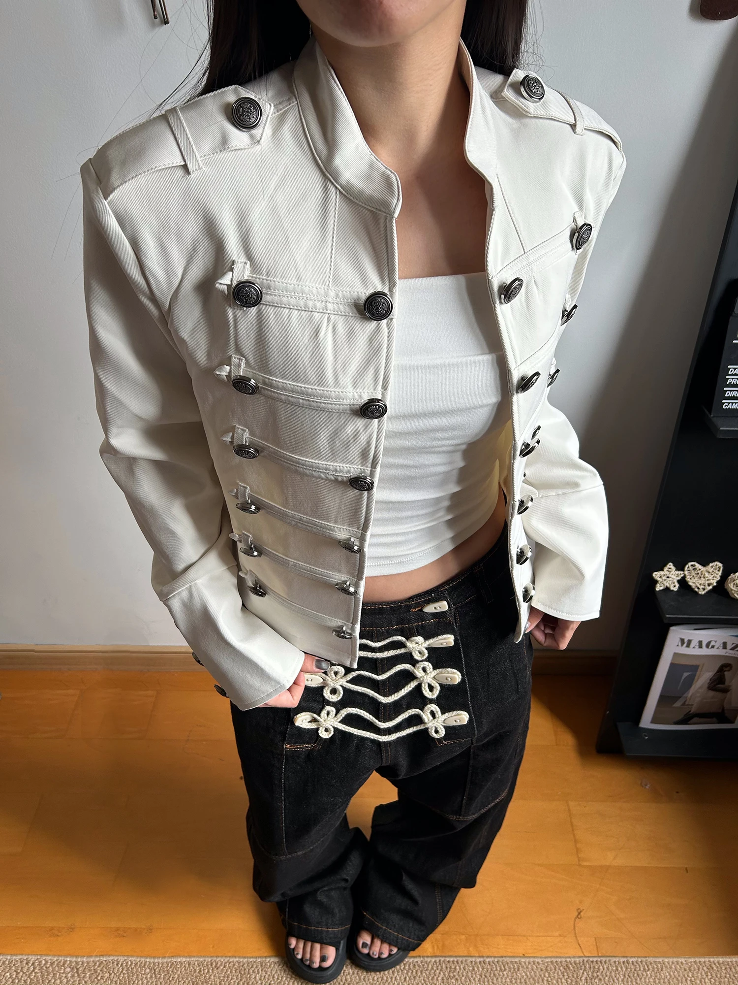 KISMETS White Stand Collar Button up Cardigan Short Jacket Napoleon Style Old Money Look Courtly Fashion Loose Fit Polyester ...