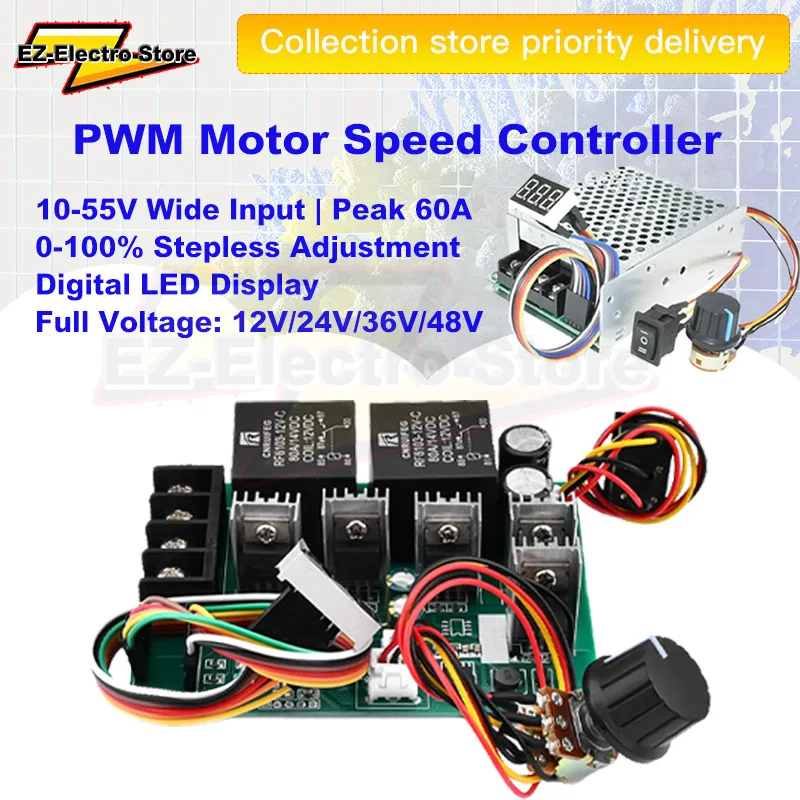 Digital Display 0~100% adjustable DC 10-50V 40A DC Motor Speed Controller PWM 12V 24V 48V 2000W MAX 60A Reversible With aluminum