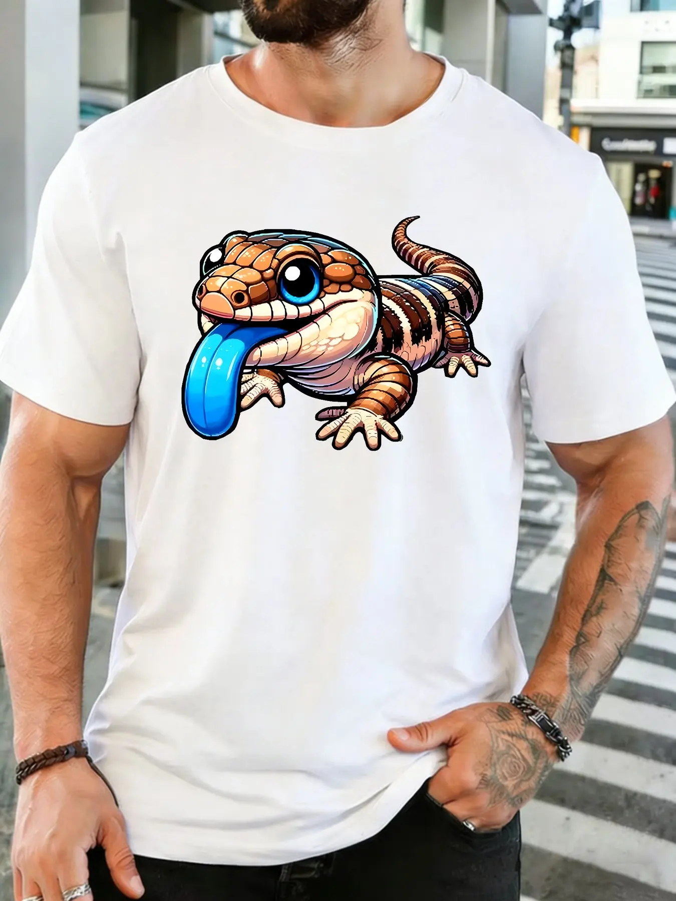 Men White Crew Neck Tee Cute Blue Tongue Skink Cartoon Vivid Reptile Pet Bright Tongue Graphic Soft Cotton Casual Top