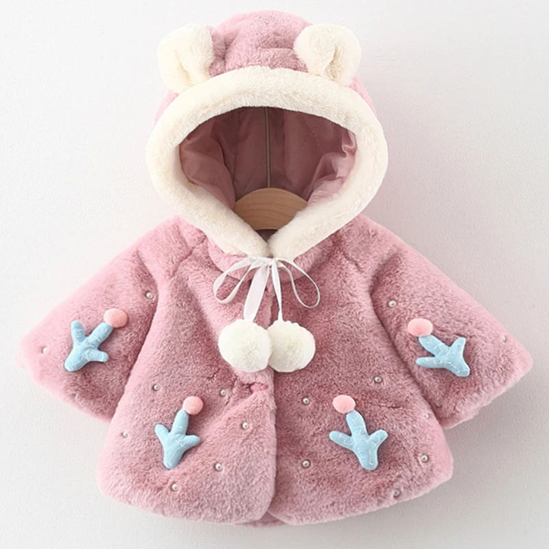 Fall Winter Kids Jacket Newborn Baby Girls Clothes Korean Cartoon Cute Hooded Plus Thick Velvet Warm Faux Fur Toddler Coats 024