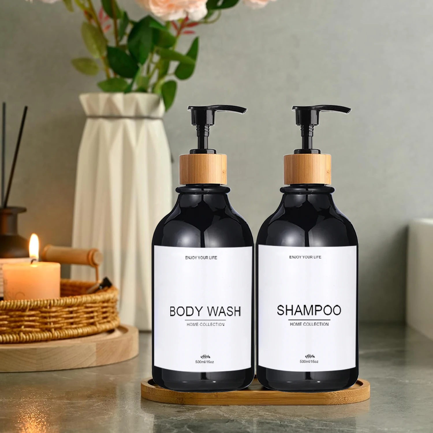 Refillable Shower Soap with Labels Dispenser Bathroom Shampoo Bodywash Conditioner Pump Bottle Farmhouse Bathroom Kitchen Decor