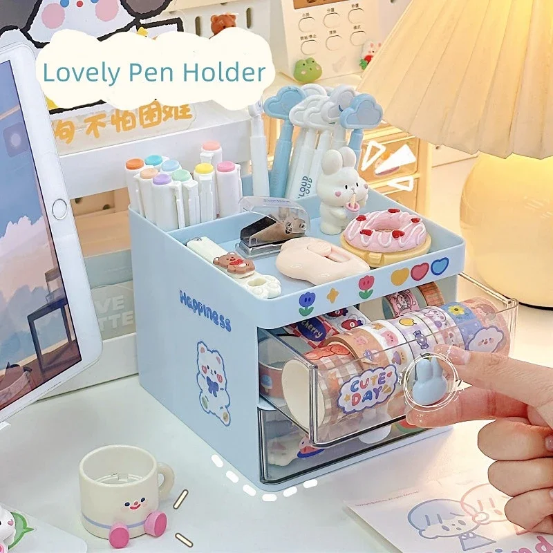 Imagem -02 - Kawaii Desktop Papelaria Storage Box Organizer Pen Holder Maquiagem Cosméticos Gaveta de Plástico Mesa Bonito