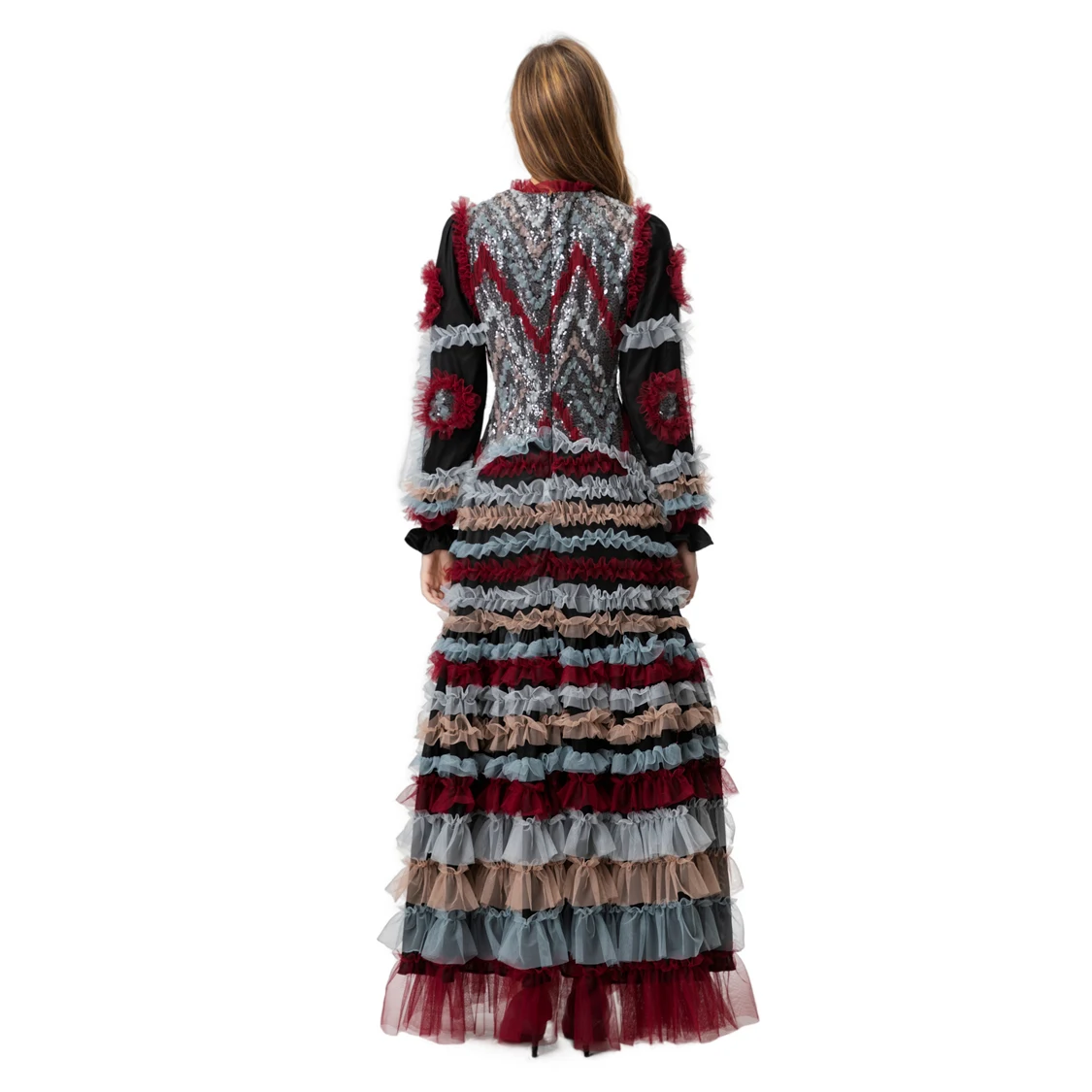 Stunning Multicolor Sequin & Ruffle Trimmed O Neck Long Sleeve Maxi Dress with Multi -Tiered Tulle Skirt Party Prom Gown Vestido