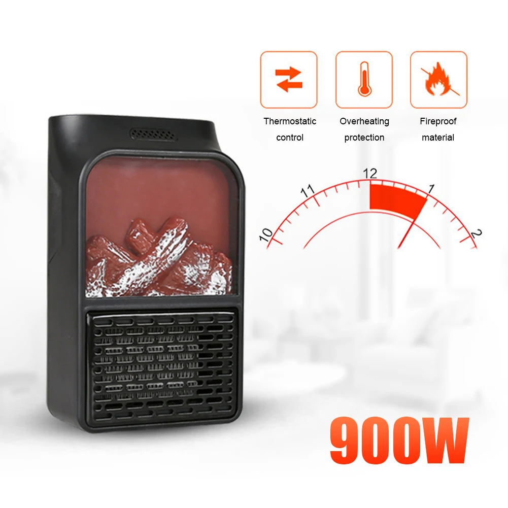 900W 3D Flame Mini Electric Stove Heater Household Fan Heater with Remote Plug in Wall Portable for Winter Home Bedroom