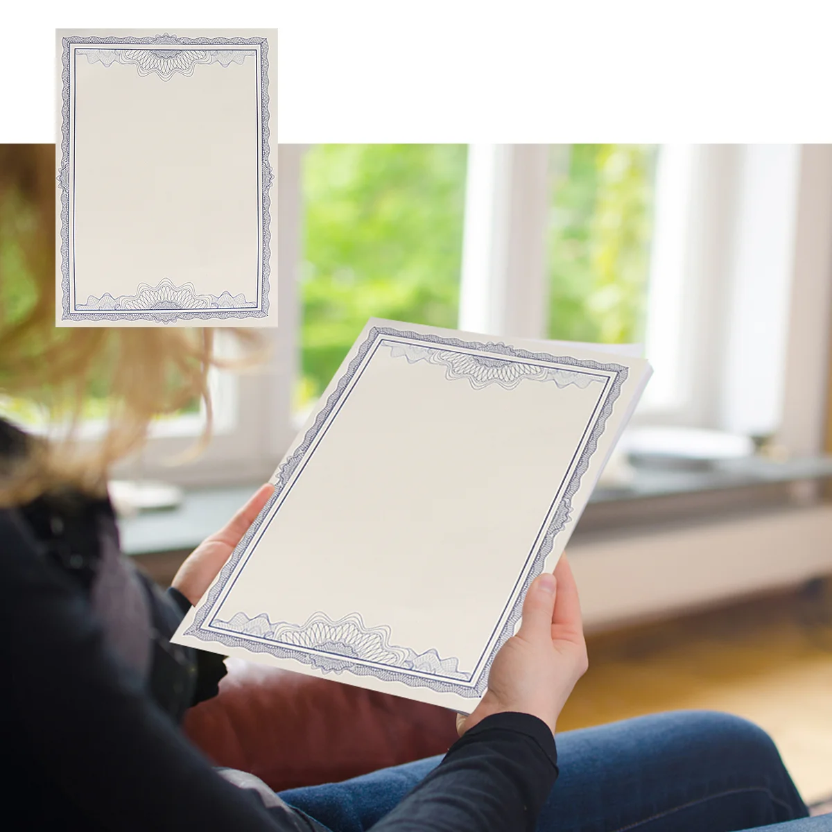 Em branco Certificado Inner Page Paper, Duplo Offset, Blue Border Core, A4 Graduação Páginas, 12K