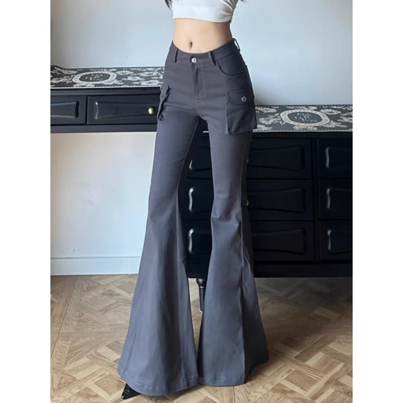 Office Ladies High Waist Hip Slightly Flared Pants Autumn and Winter New Casual Women's Gray Side Pocket Tooling Flare Trousers