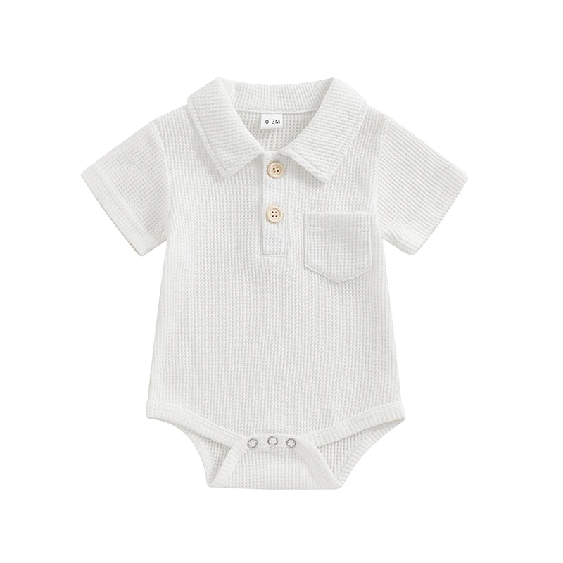 Newborn Baby Boy Summer Outfit Clothes Solid Color Short Sleeve Romper Lapel Collar Bodysuit Shirt Top