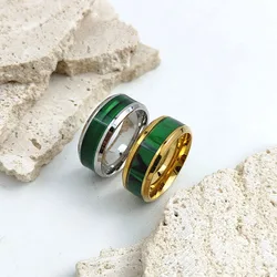Stylish and charming stainless steel gold-plated men's ring, simple green enamel women's ring, wedding party jewelry