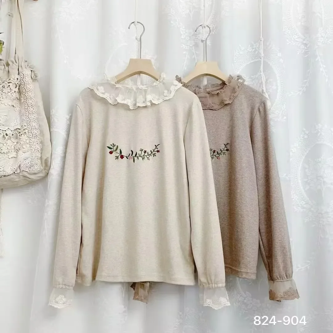 Autumn New Sweet Mori Girl Flower Embroidered Base T Shirt Women Long Sleeve Casual Loose Tops