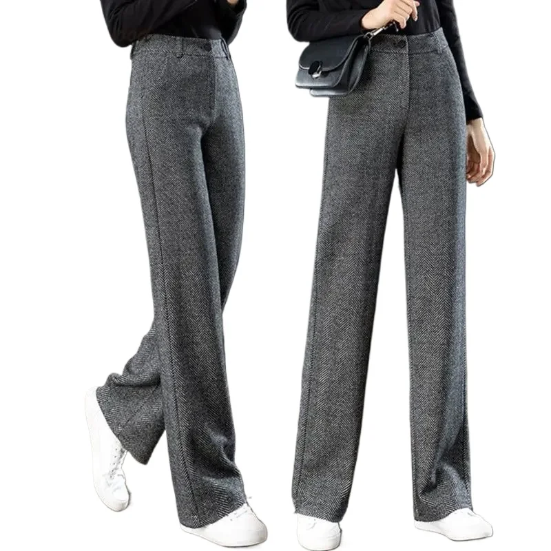 

Herringbone Pattern Woolen Wide Leg Pants For Woman 2022 Spring Autumn High Waist Straight Trousers Ladies Slim Suit Z961