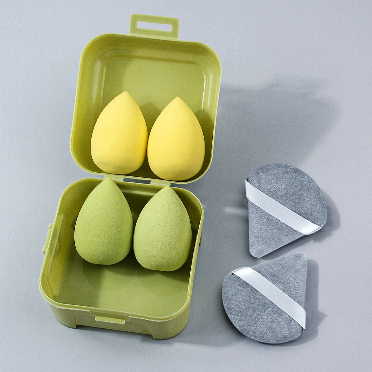 6 قطعة إسفنجة مكياج جافة ورطبة مزدوجة الأغراض غير لاصقة للبيض/نفخة مسحوق مثلثة + 1 قطعة صندوق تخزين محمول