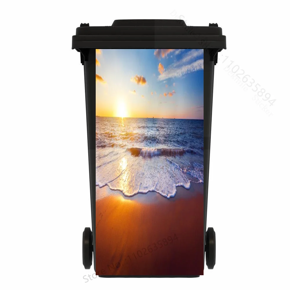 Twilight Wooden Bridge Beach Trash Can Sticker Cover Waterproof Outdoor Grey Motorcycle Wheeled Garbage Bin Stickers Removable