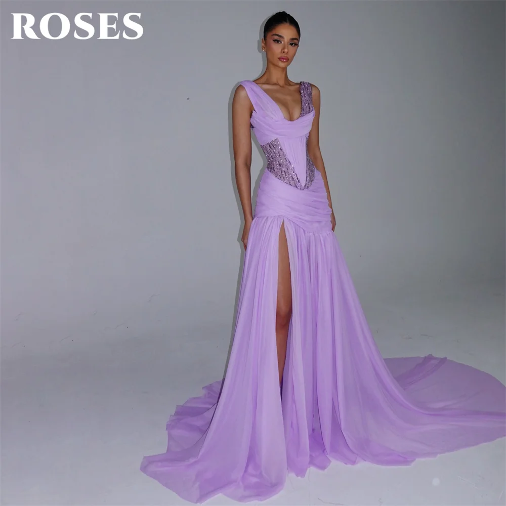 ROSES Purple Party Dress Tank Sleeveless Evening Dress with High Split Wrap Hips Chiffon فساتين السهرة for Wedding Customized