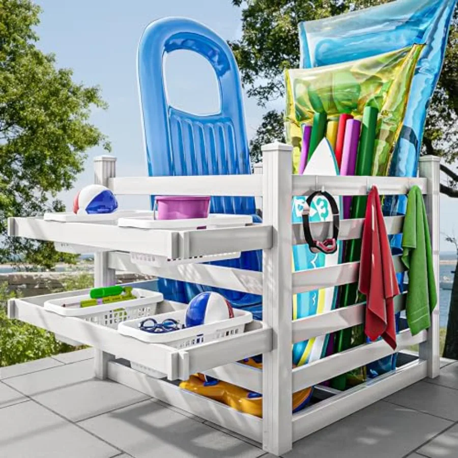 

Pool Storage Bins with Towel Rack and 6 Moveable Hooks, Large Pool Noodle Holder Organizer, Outdoor Waterproof Poolside Float S