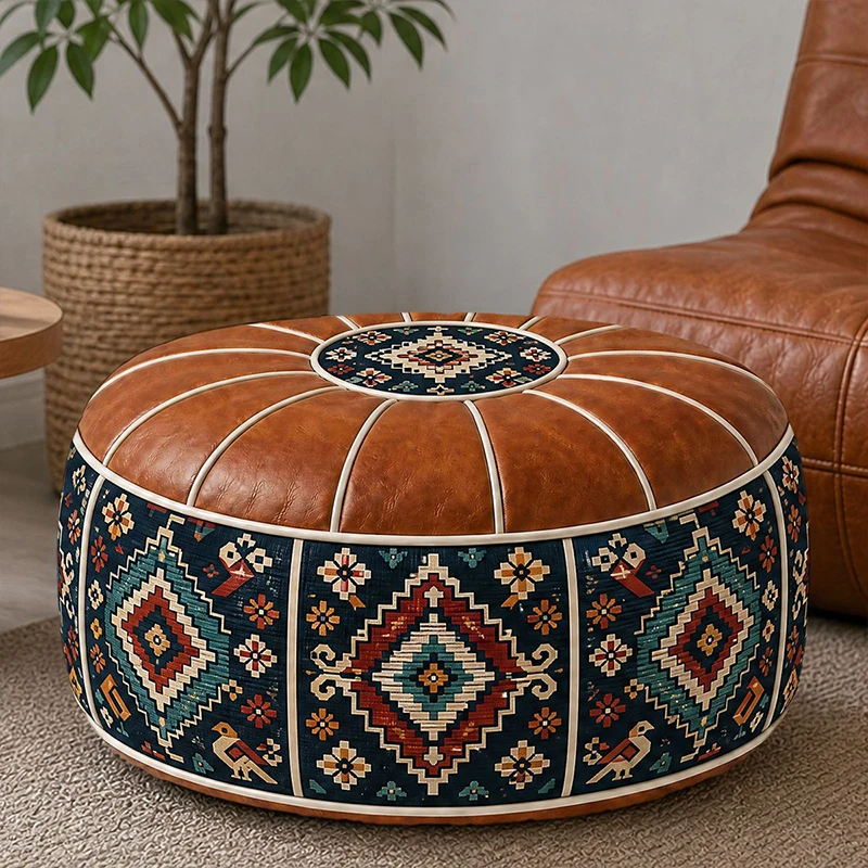 Pouf marocain en cuir PU, artisanat brodé, sac de rangement pour vêtements, ottoman, décoration intérieure, housse de coussin non rembourrée en cuir artificiel