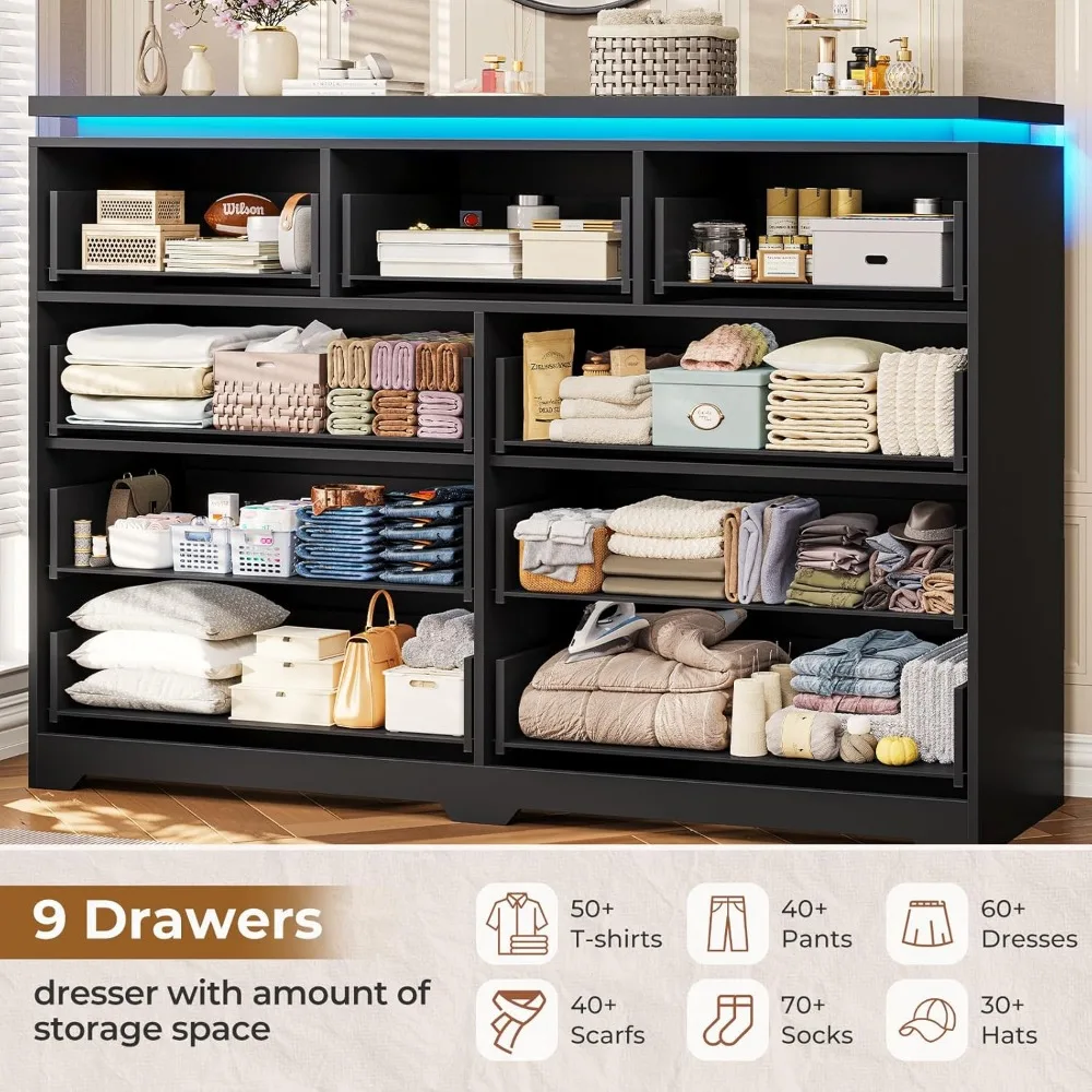 خزانة ملابس سوداء مكونة من 9 أدراج لغرفة النوم مع أضواء LED، وخزائن خشبية كبيرة لغرفة النوم، وخزانة ذات 9 أدراج حديثة، وخزانة طويلة لـ Cl #5