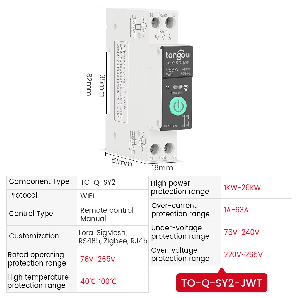 Tuya WiFi Smart Circuit Breaker Switch 1-63A Adjustable Over/Under Voltage Over Current Protector Voice Wireless Remote Control