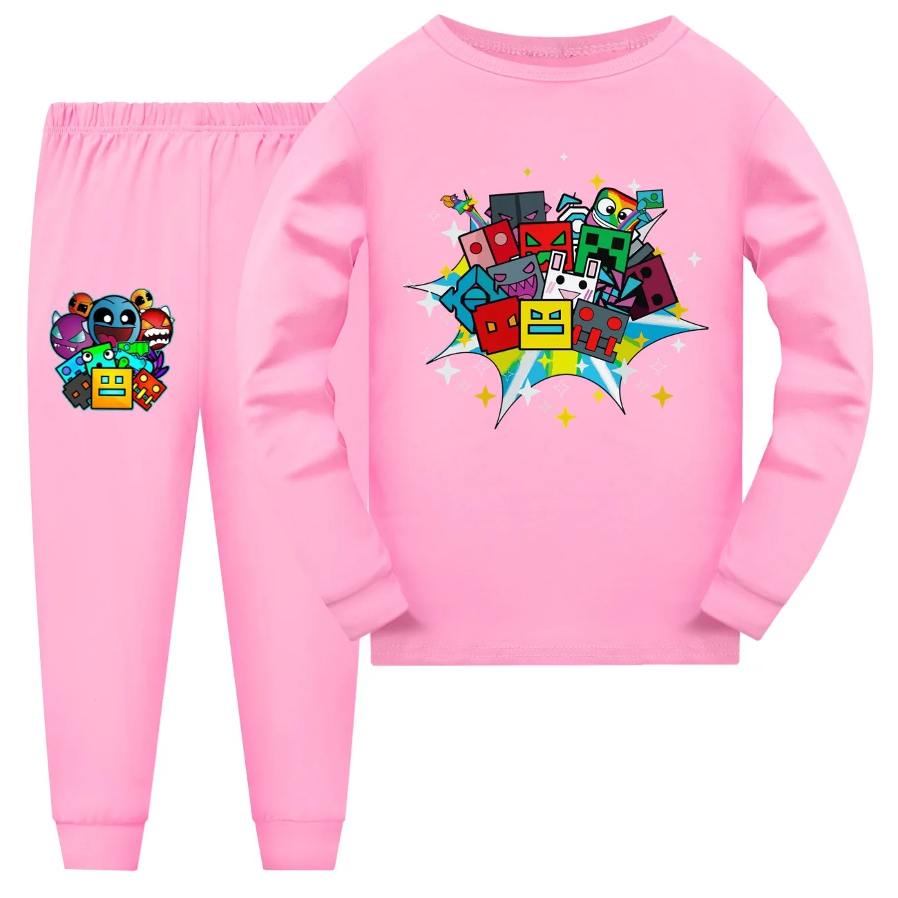 Game Geometry Dash Kids Pajamas Set Cotton Long Sleeved T-shirt+Pants Cartoon Girl Clothing Autumn 2pcs Sleepwear Suit Pyjama