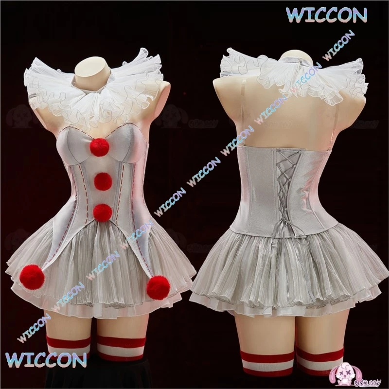 

Movi Pennywise Cosplay Costume Scary Clown Dress Halloween Party Outfit Horror Movie Character Silver Ruffle Jumpsuit Convention