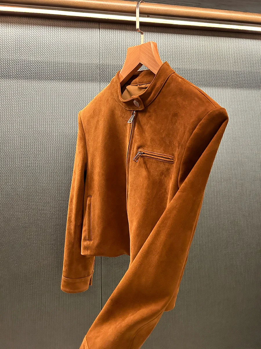 レトロブラウンシープスキンスエードスタンドカラーバイカージャケット女性用 - ショートスタイル