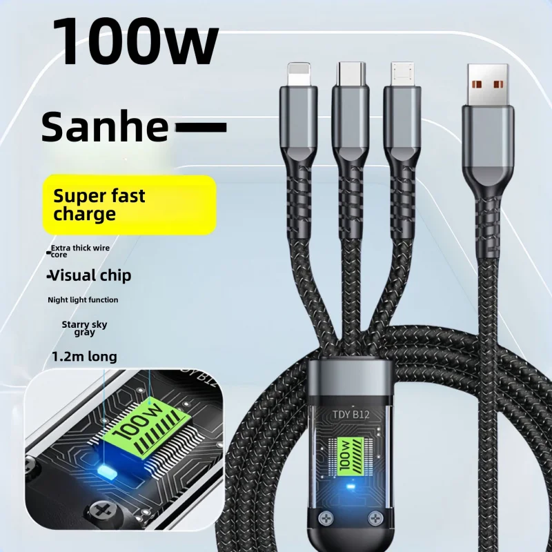 USB 100W cable fast charging data suitable for iPhone, Android, Xiaomi ultra fast charging braided one to three