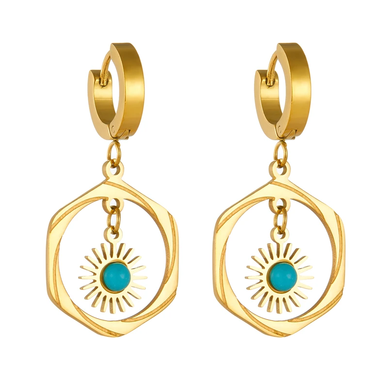 DIEYURO 316L Stainless Steel Vintage Round Pendant Hollowed Out Turquoise Earrings Women Girl Gift Fashion Jewelry Set bijoux