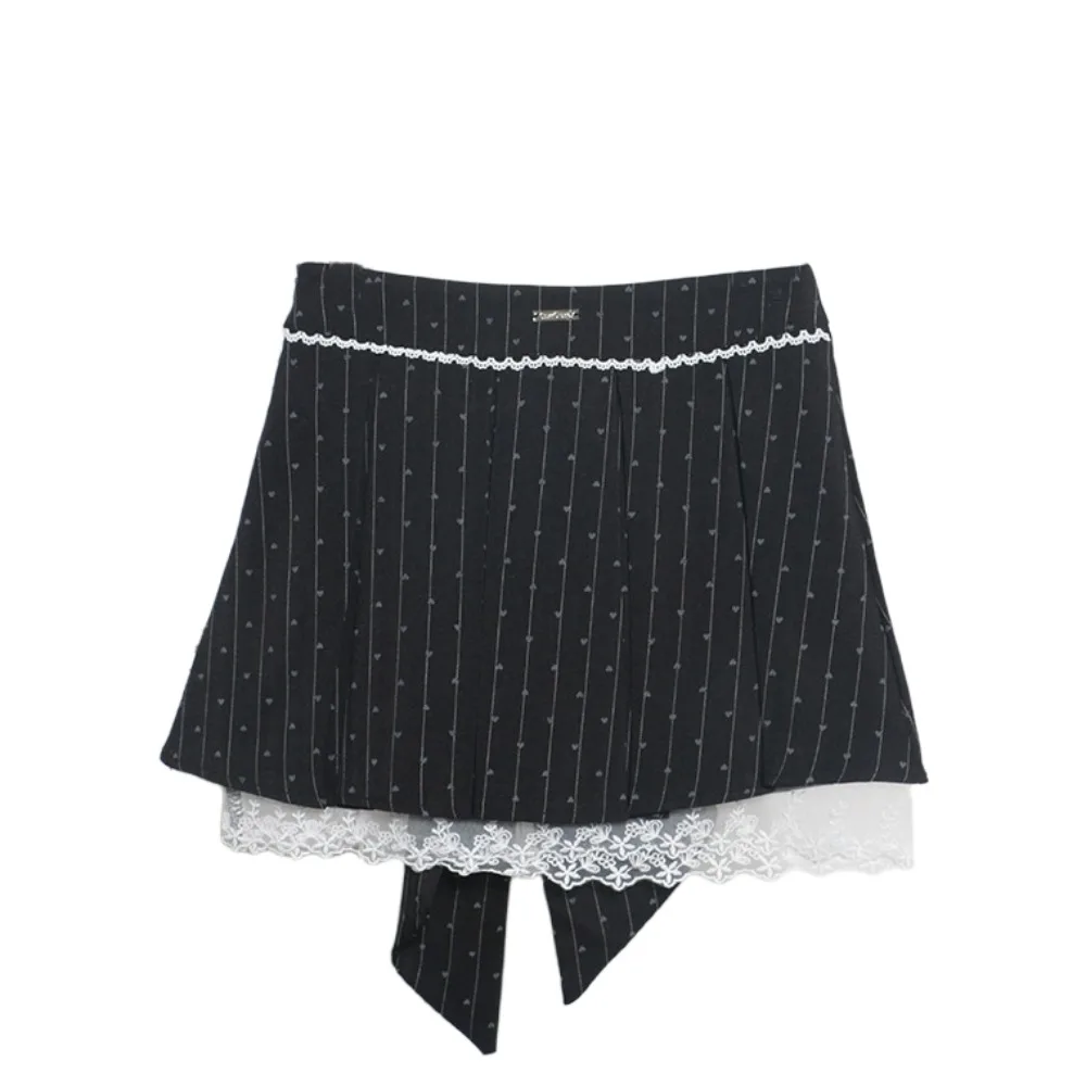 

Cute Heart Lace Pleated Skirt Large Bow Dots Short Skirt Women with Safety Pant High Waist A-Line Mini Skirt Women