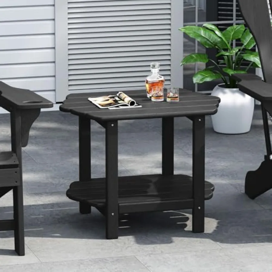 

Outdoor patio side table HDPE plastic black 2-tier rustic Adirondack design with storage shelf for garden balcony backyard pool