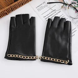 Women Long Chain Rivet Stage Performance Pole Dance Half Finger Leather Gloves Fashion Personality Sexy Nightclub Punk Cosplay