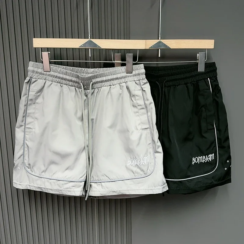 Reflective Drawstring Solid Color Casual Shortpants Men Women Beach Holiday Loose Casual Sports Quarter Shorts Summer Style