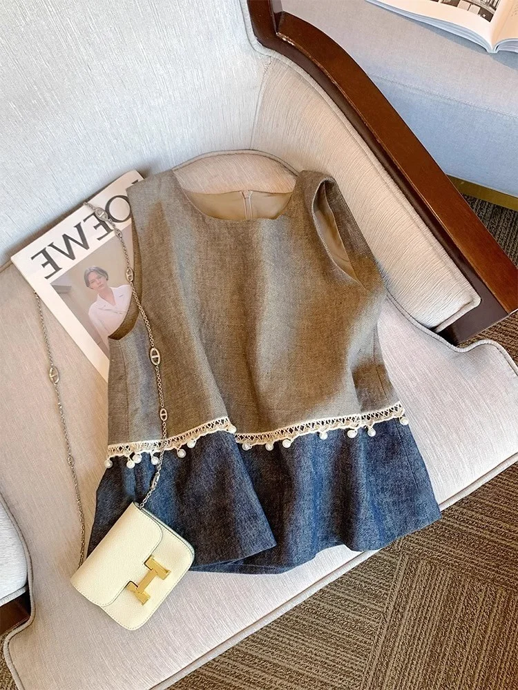 

Retro Casual Pearl Tassel Svel Vest ex Summer Vintage Loose Fit Design Trendy Color Blo Clothing Zipper Closure