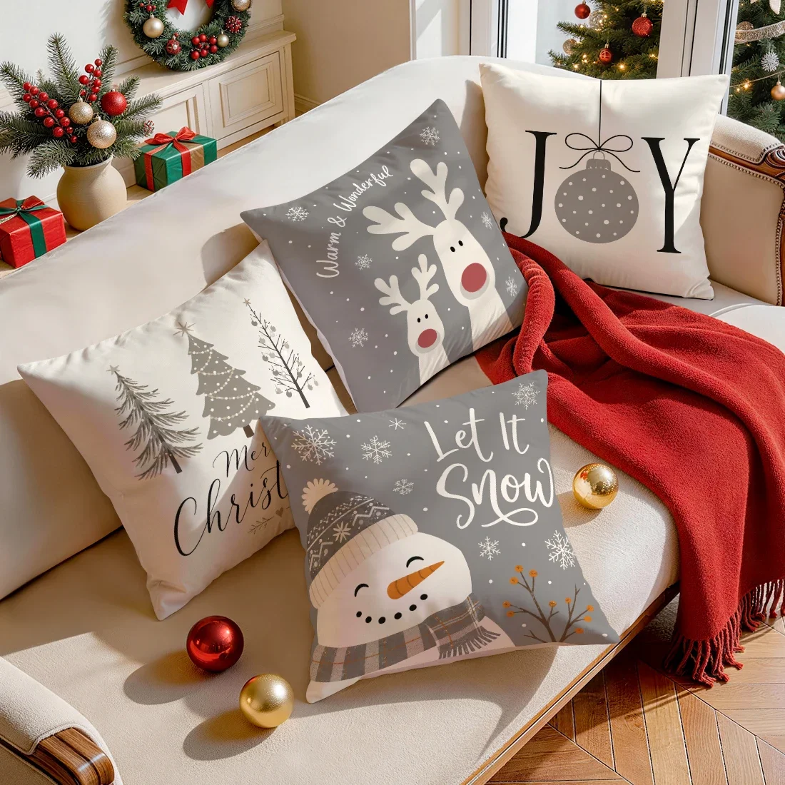 1/4pcs Grayscale Reindeer Christmas Cushions Pillowcase Polyester Cushion Cover Throw Pillow Pillowcover Home Car Sofa Decor