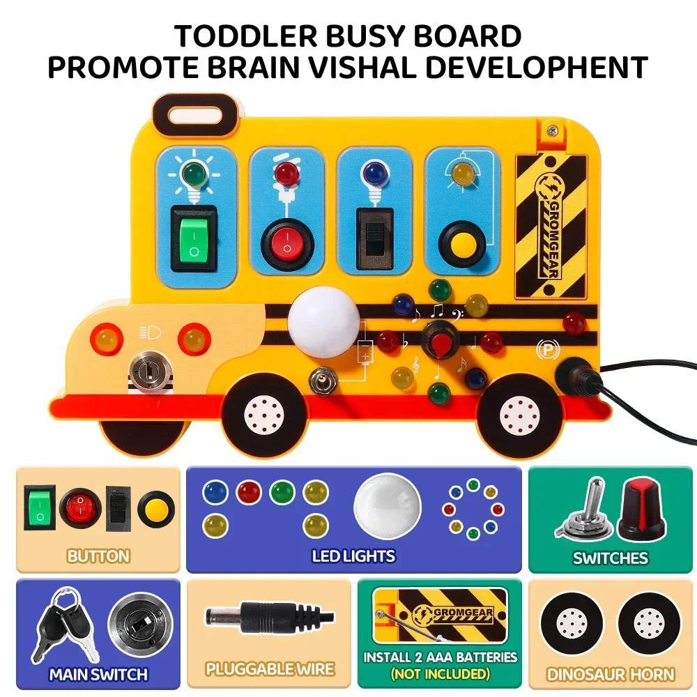 

Busy Board Sensory Montessori Toys LED Light Switches Sounds Busy Board Bus Early Education Toy for Children Interactive Game