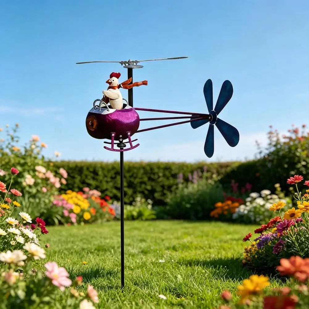 Garden Spinner Rooster Helicopter Wind Spinner Wind Driven Kinetic Sculpture, Funny Garden Wind Spinner, Chicken Ornament for La