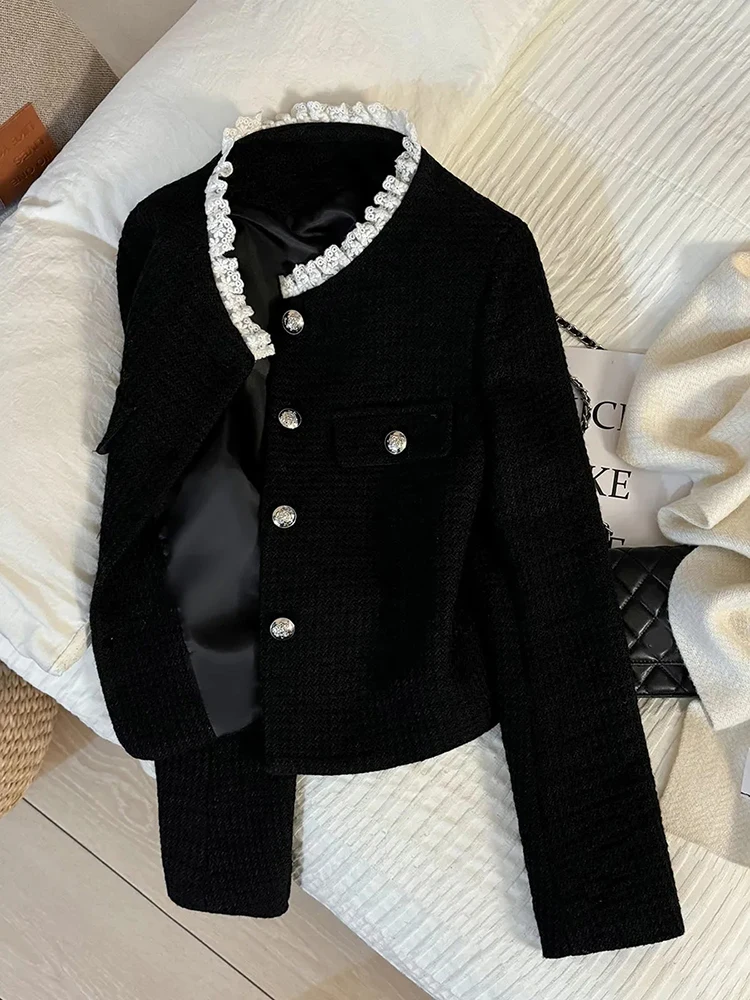 Black Stand Collar Blazers Women Lace Patchwork Elegant Office Lady Crop Suit Jacket Spring Fall Small Fragrance Gentle Outwear