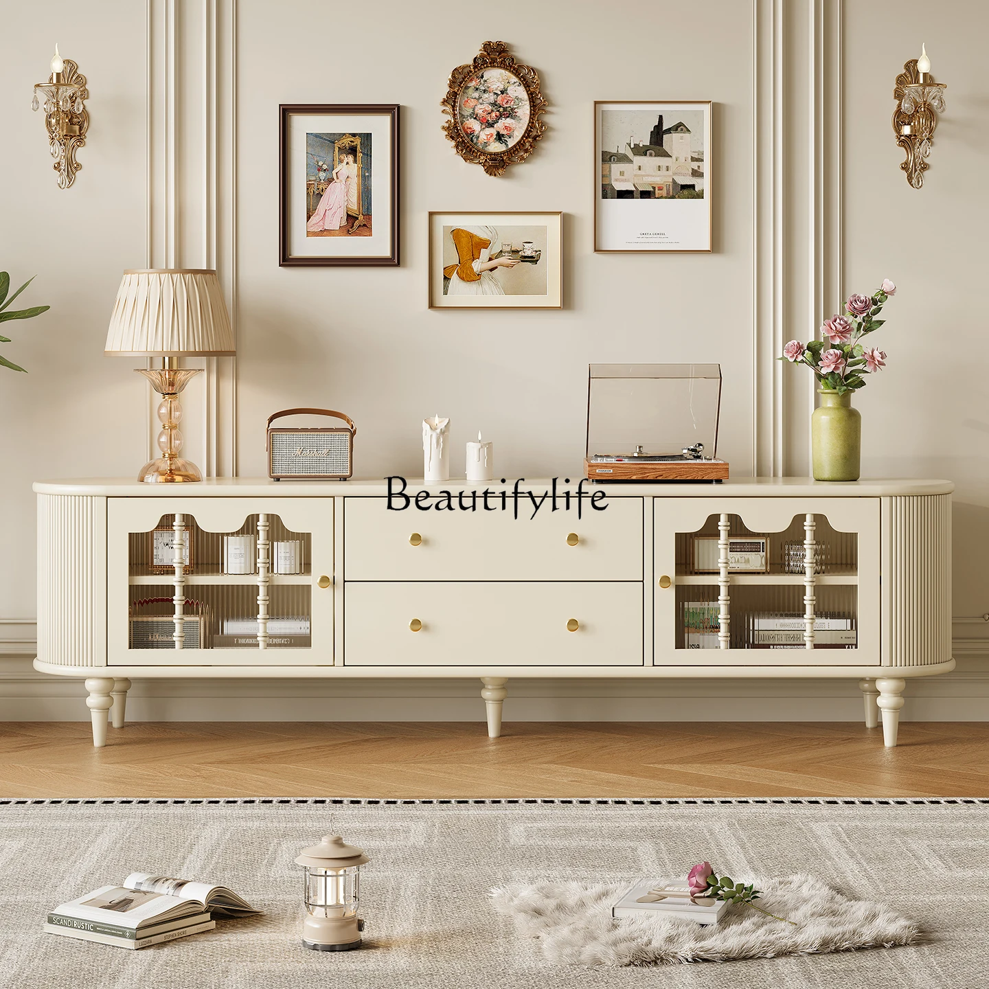 

2025 new American retro cream style solid wood TV cabinet coffee table combination