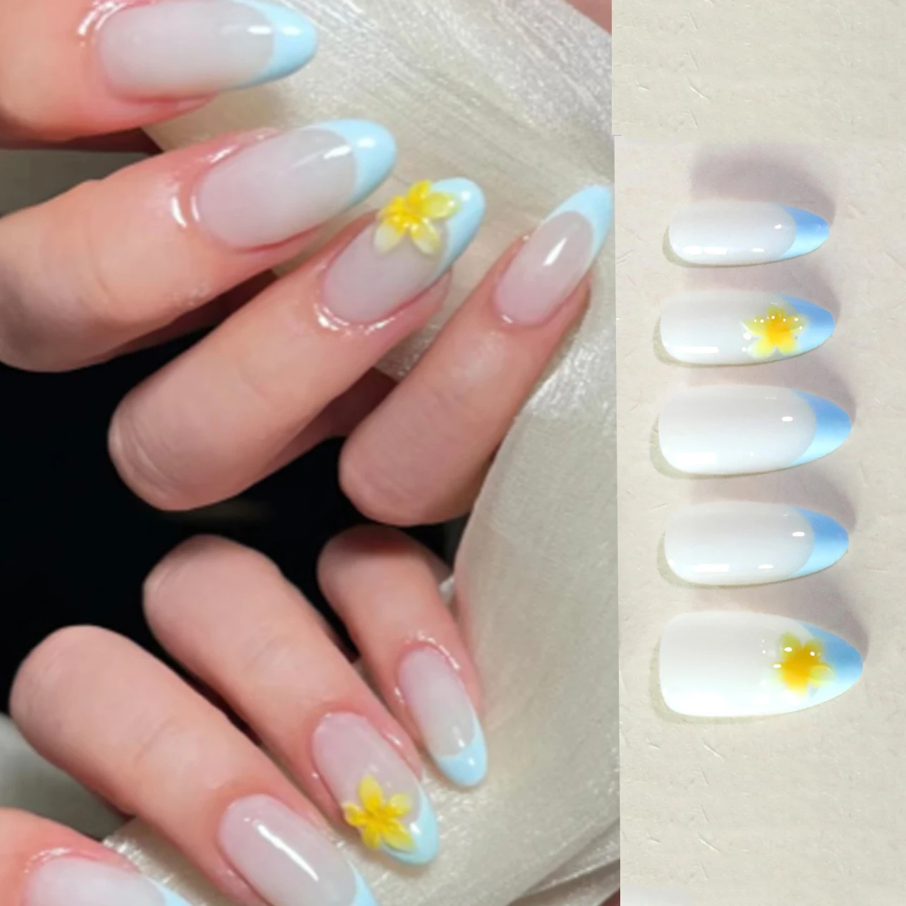 

Blue French Yellow Frangipani Flower Garden Petal Wearable False Nails Nail Art Detachable Finished Fake Nails Press on Nails