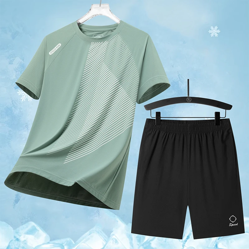 Summer Outdoor Badminton Sweat Absorbing Quick Drying Short Sleeved Shorts Set for Men's Fashion Trend Loose Sports Leisure Set