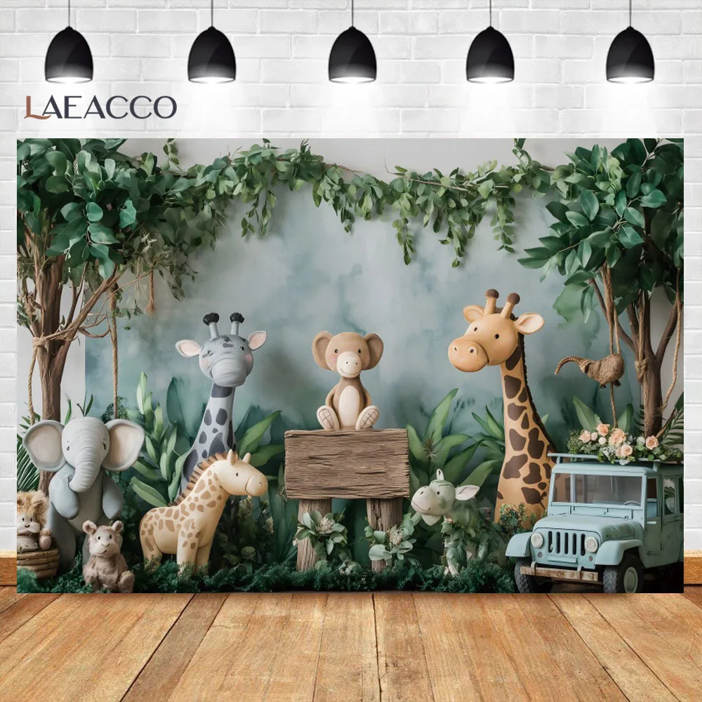 خلفية حيوانات الغابة سفاري غابة الحيوانات موضوع حفلة أطفال عيد ميلاد الطفل دش الأزرق شاحنة ديكور التصوير خلفية