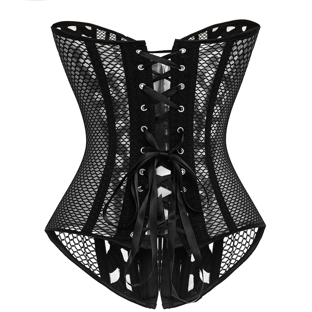 Black Women\'s Breathable Shapwear Costumes Sexy Transparent Mesh Corselet Hollow Out Corset Bustier Top