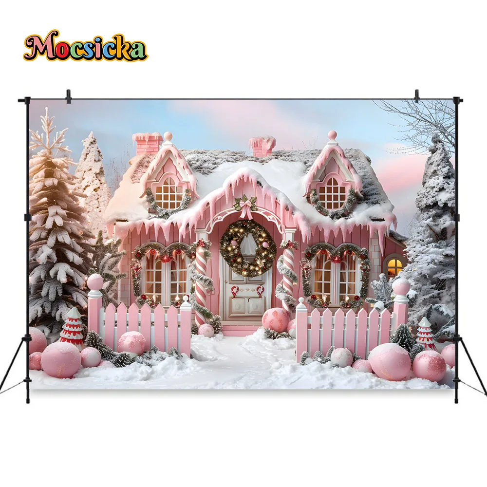 Pink Christmas Background Photography for Girl Winter Birthday Party Candy Cane House Xmas Tree Backdrop Snowy Floor Photobooth